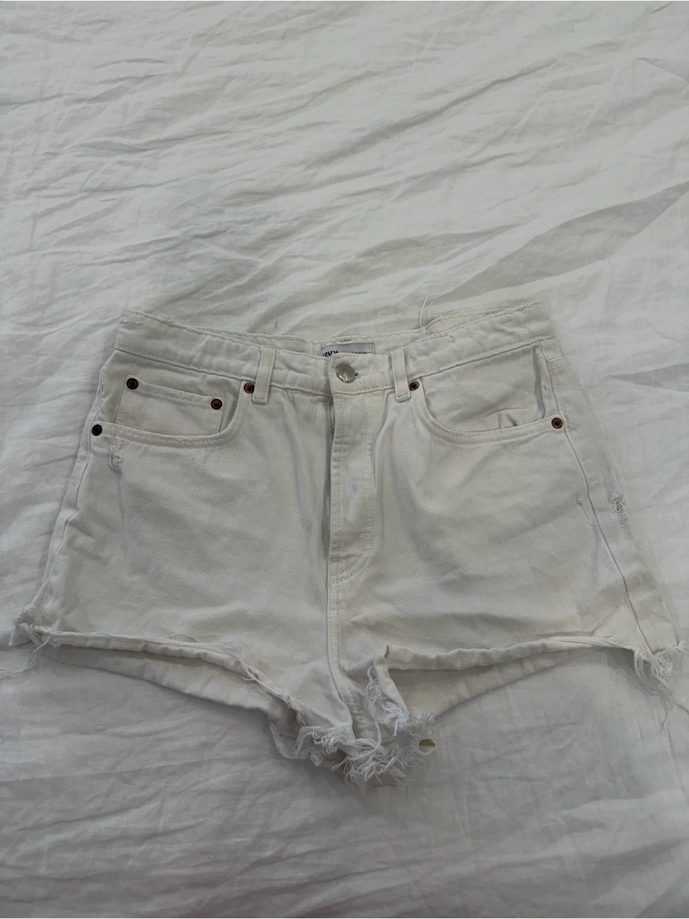 Zara White Distressed High-Rise Denim Shorts